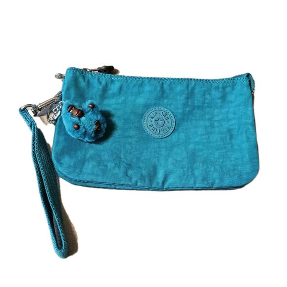 Kipling Creativity XL Accessory Pouch Triple Zip turquoise Wristlet w Monkey - Picture 1 of 5